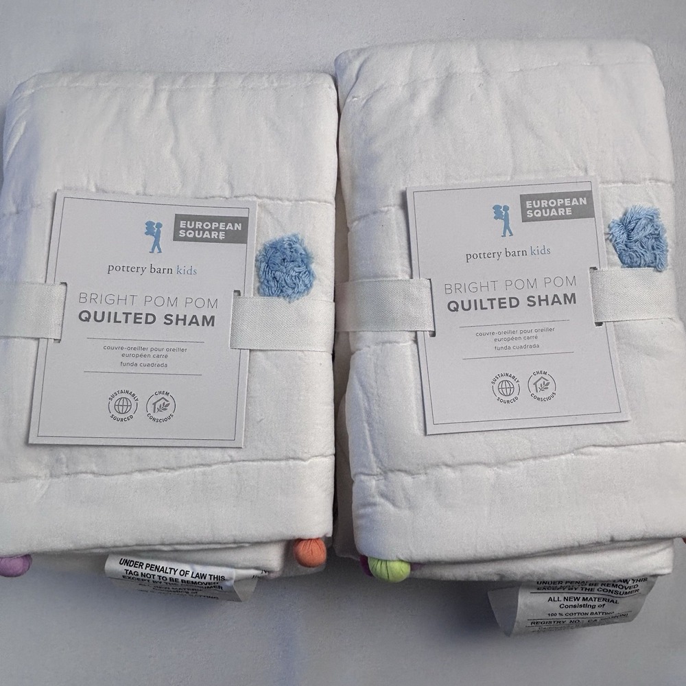 2 POTTERY BARN KIDS Bright Pom-Pom Quilted Euro Pillow Sham 26x26 - Picture 3 of 3